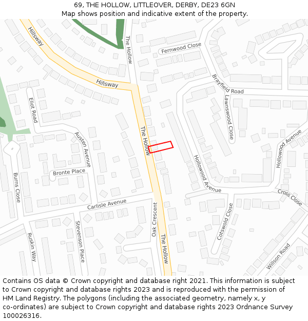 69, THE HOLLOW, LITTLEOVER, DERBY, DE23 6GN: Location map and indicative extent of plot