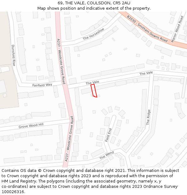 69, THE VALE, COULSDON, CR5 2AU: Location map and indicative extent of plot