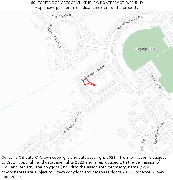 69, TOMBRIDGE CRESCENT, KINSLEY, PONTEFRACT, WF9 5HD: Location map and indicative extent of plot