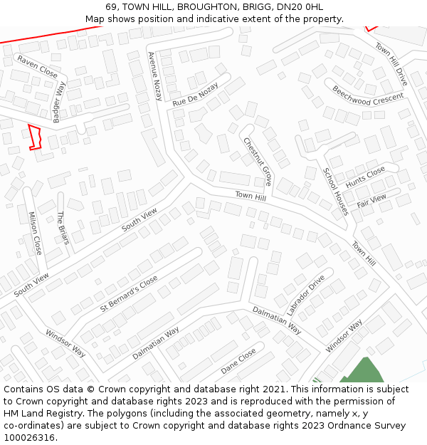 69, TOWN HILL, BROUGHTON, BRIGG, DN20 0HL: Location map and indicative extent of plot