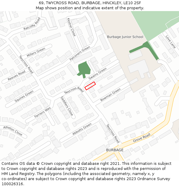 69, TWYCROSS ROAD, BURBAGE, HINCKLEY, LE10 2SF: Location map and indicative extent of plot