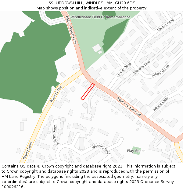 69, UPDOWN HILL, WINDLESHAM, GU20 6DS: Location map and indicative extent of plot