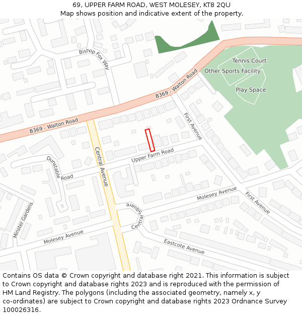 69, UPPER FARM ROAD, WEST MOLESEY, KT8 2QU: Location map and indicative extent of plot