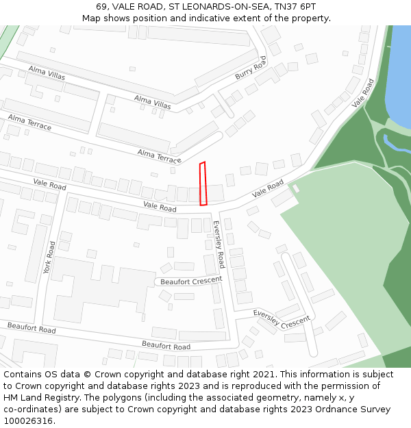 69, VALE ROAD, ST LEONARDS-ON-SEA, TN37 6PT: Location map and indicative extent of plot