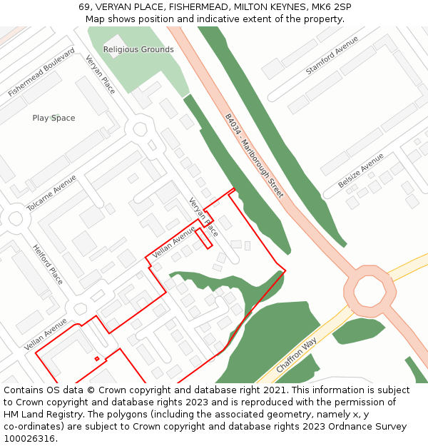 69, VERYAN PLACE, FISHERMEAD, MILTON KEYNES, MK6 2SP: Location map and indicative extent of plot