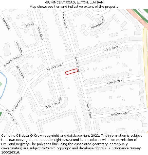 69, VINCENT ROAD, LUTON, LU4 9AN: Location map and indicative extent of plot