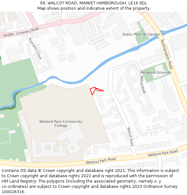 69, WALCOT ROAD, MARKET HARBOROUGH, LE16 9DL: Location map and indicative extent of plot