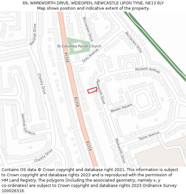 69, WARKWORTH DRIVE, WIDEOPEN, NEWCASTLE UPON TYNE, NE13 6LY: Location map and indicative extent of plot