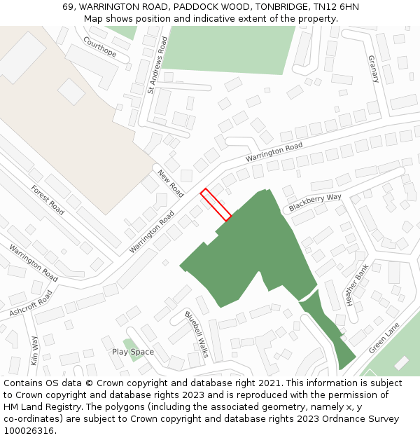 69, WARRINGTON ROAD, PADDOCK WOOD, TONBRIDGE, TN12 6HN: Location map and indicative extent of plot