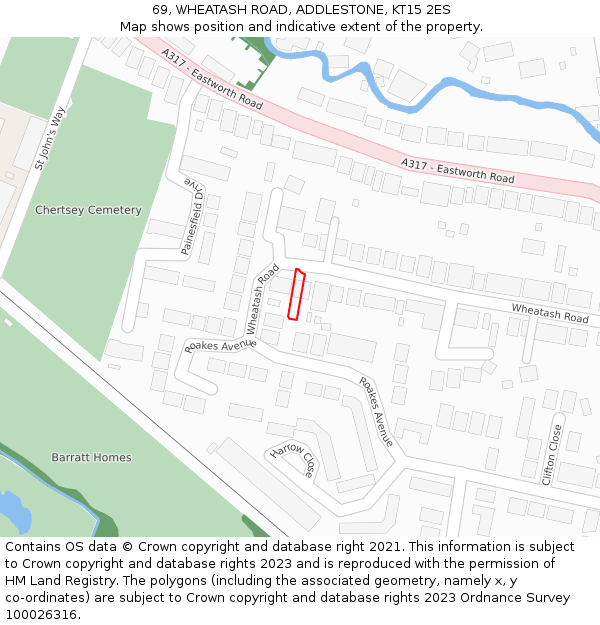 69, WHEATASH ROAD, ADDLESTONE, KT15 2ES: Location map and indicative extent of plot