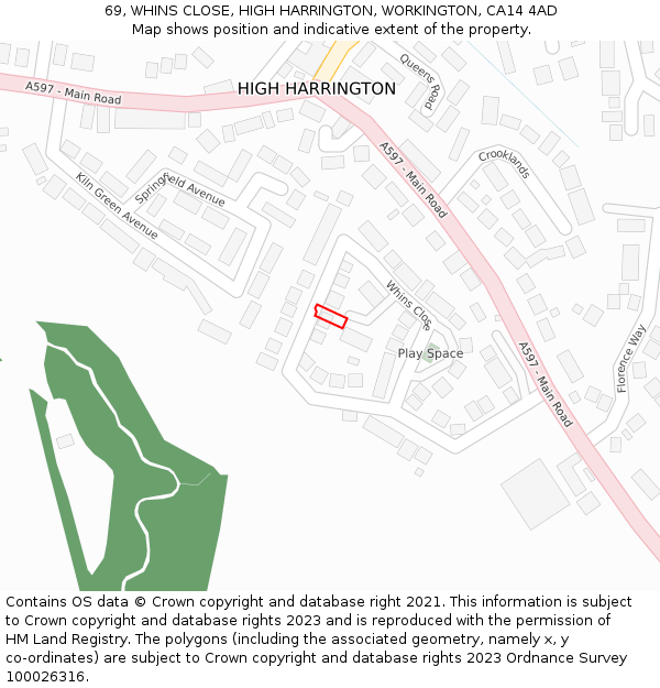 69, WHINS CLOSE, HIGH HARRINGTON, WORKINGTON, CA14 4AD: Location map and indicative extent of plot
