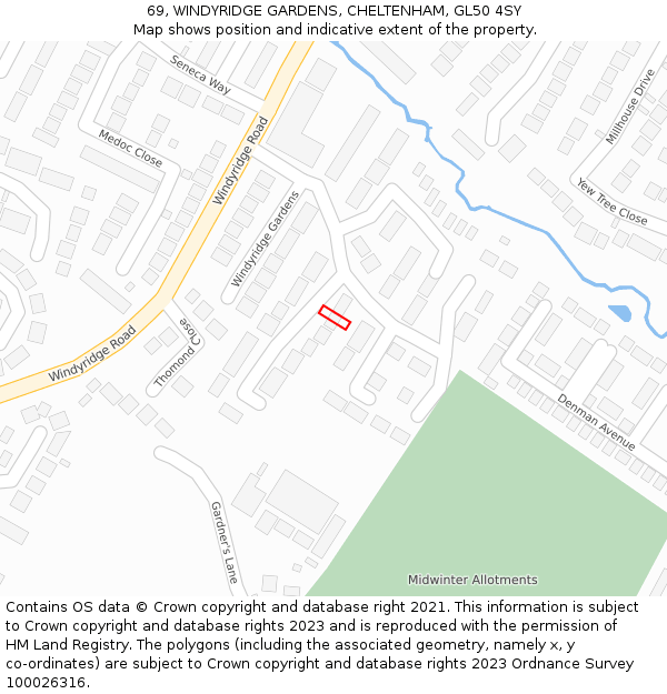 69, WINDYRIDGE GARDENS, CHELTENHAM, GL50 4SY: Location map and indicative extent of plot