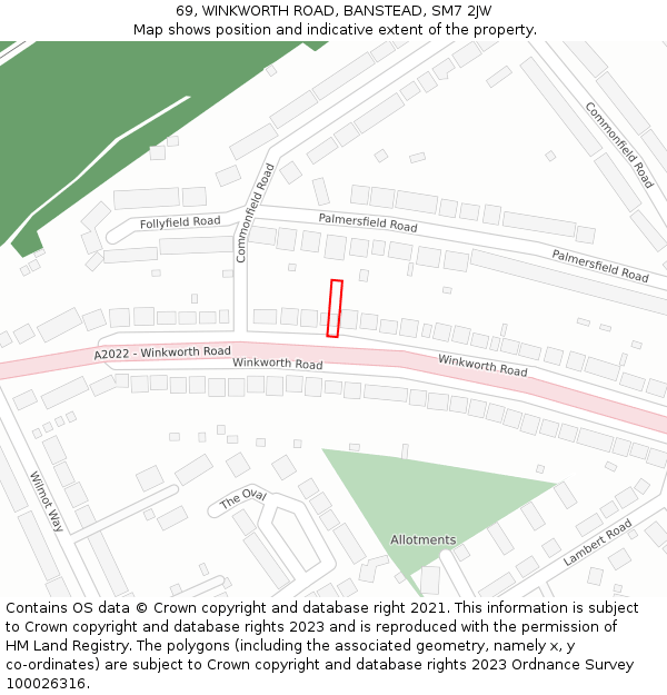 69, WINKWORTH ROAD, BANSTEAD, SM7 2JW: Location map and indicative extent of plot