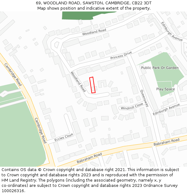 69, WOODLAND ROAD, SAWSTON, CAMBRIDGE, CB22 3DT: Location map and indicative extent of plot