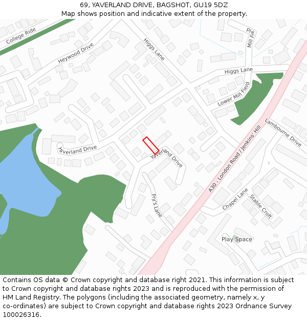 69, YAVERLAND DRIVE, BAGSHOT, GU19 5DZ: Location map and indicative extent of plot