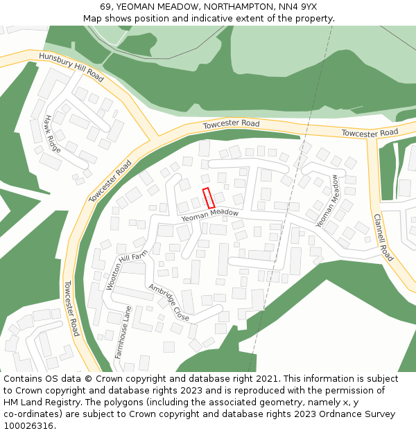 69, YEOMAN MEADOW, NORTHAMPTON, NN4 9YX: Location map and indicative extent of plot