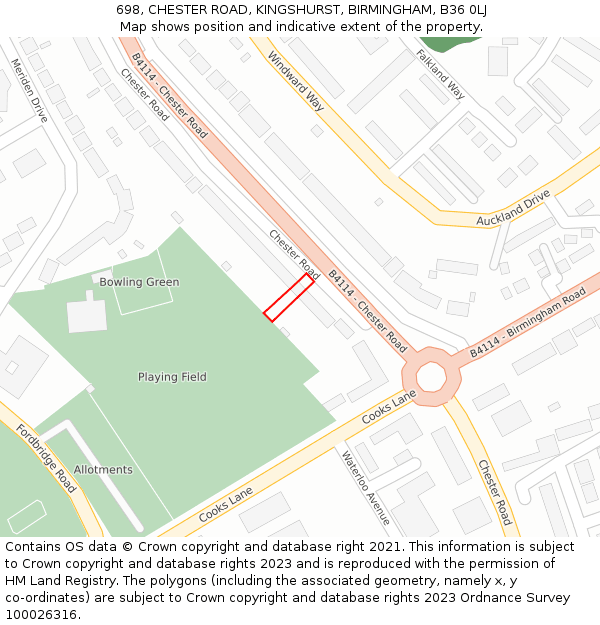 698, CHESTER ROAD, KINGSHURST, BIRMINGHAM, B36 0LJ: Location map and indicative extent of plot