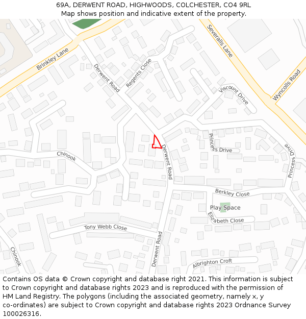 69A, DERWENT ROAD, HIGHWOODS, COLCHESTER, CO4 9RL: Location map and indicative extent of plot