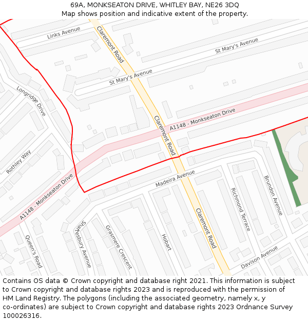 69A, MONKSEATON DRIVE, WHITLEY BAY, NE26 3DQ: Location map and indicative extent of plot