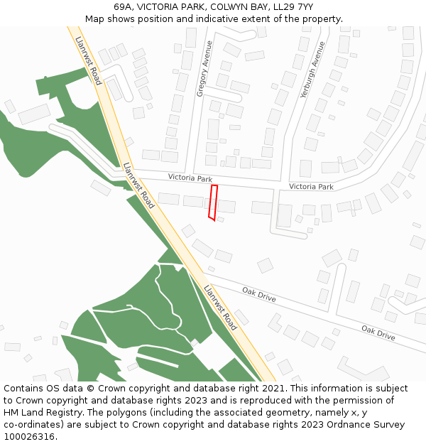 69A, VICTORIA PARK, COLWYN BAY, LL29 7YY: Location map and indicative extent of plot