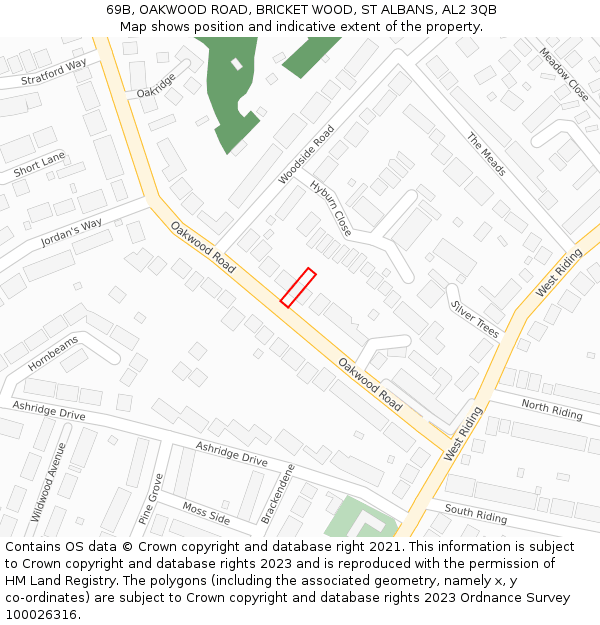 69B, OAKWOOD ROAD, BRICKET WOOD, ST ALBANS, AL2 3QB: Location map and indicative extent of plot