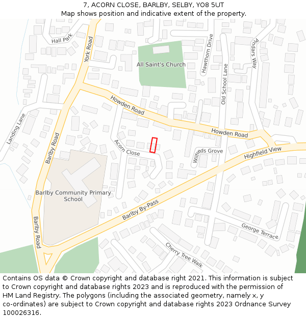 7, ACORN CLOSE, BARLBY, SELBY, YO8 5UT: Location map and indicative extent of plot