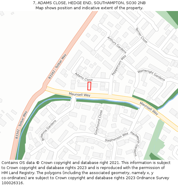 7, ADAMS CLOSE, HEDGE END, SOUTHAMPTON, SO30 2NB: Location map and indicative extent of plot