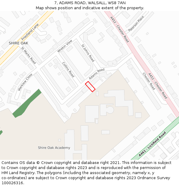 7, ADAMS ROAD, WALSALL, WS8 7AN: Location map and indicative extent of plot