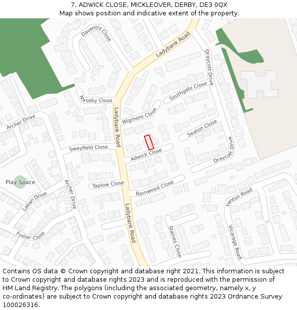 7, ADWICK CLOSE, MICKLEOVER, DERBY, DE3 0QX: Location map and indicative extent of plot