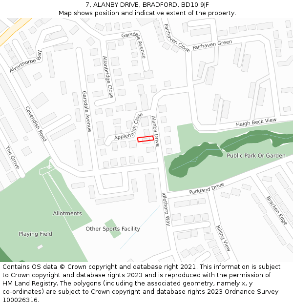 7, ALANBY DRIVE, BRADFORD, BD10 9JF: Location map and indicative extent of plot