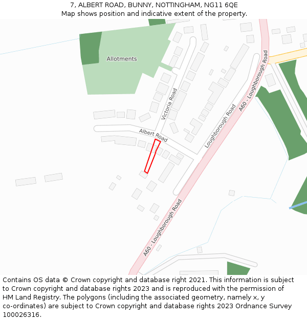 7, ALBERT ROAD, BUNNY, NOTTINGHAM, NG11 6QE: Location map and indicative extent of plot