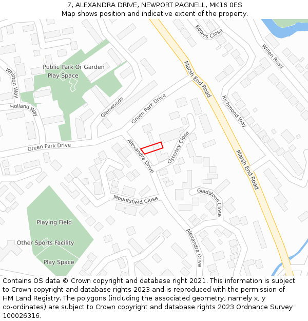 7, ALEXANDRA DRIVE, NEWPORT PAGNELL, MK16 0ES: Location map and indicative extent of plot