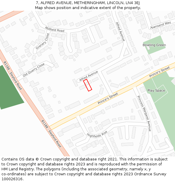 7, ALFRED AVENUE, METHERINGHAM, LINCOLN, LN4 3EJ: Location map and indicative extent of plot