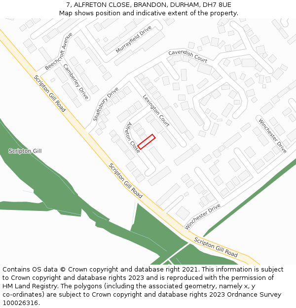 7, ALFRETON CLOSE, BRANDON, DURHAM, DH7 8UE: Location map and indicative extent of plot