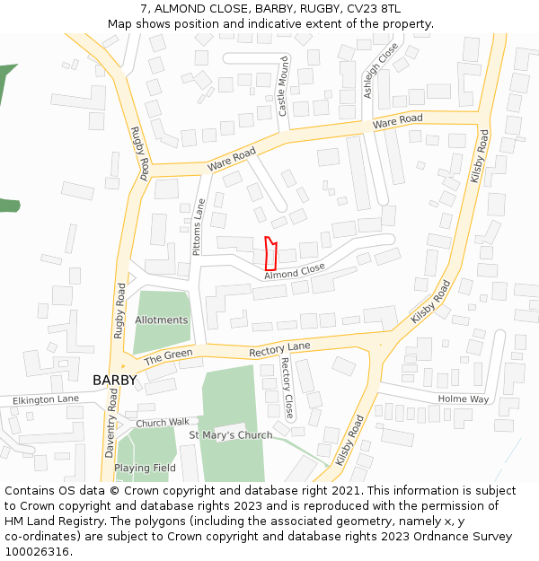 7, ALMOND CLOSE, BARBY, RUGBY, CV23 8TL: Location map and indicative extent of plot