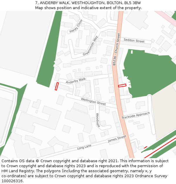 7, ANDERBY WALK, WESTHOUGHTON, BOLTON, BL5 3BW: Location map and indicative extent of plot