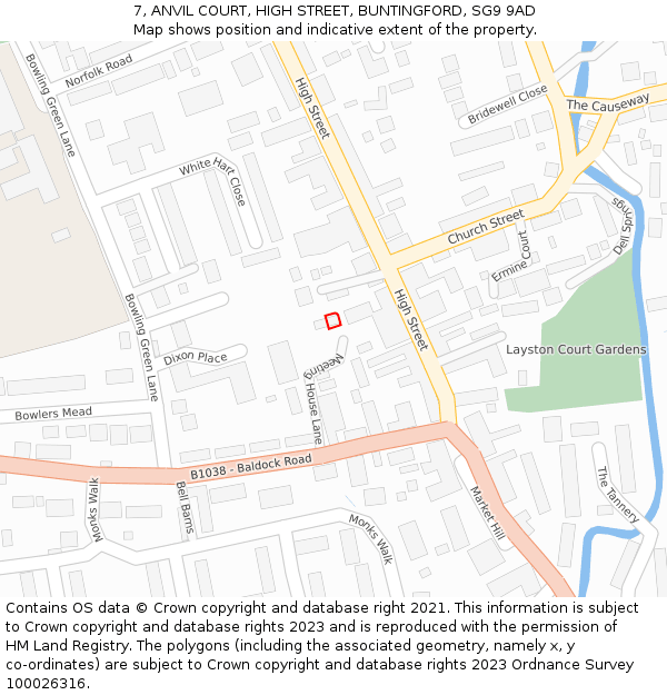 7, ANVIL COURT, HIGH STREET, BUNTINGFORD, SG9 9AD: Location map and indicative extent of plot