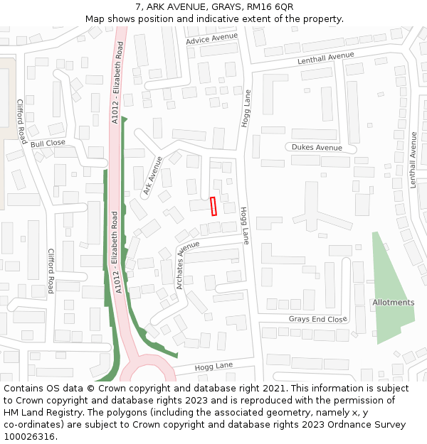 7, ARK AVENUE, GRAYS, RM16 6QR: Location map and indicative extent of plot