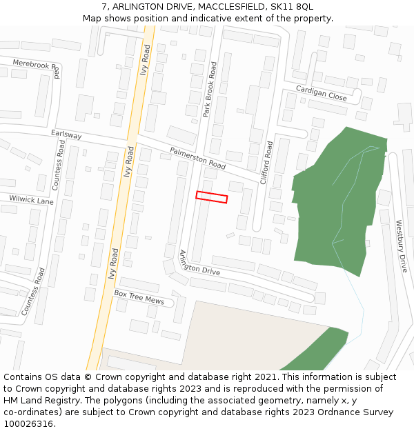 7, ARLINGTON DRIVE, MACCLESFIELD, SK11 8QL: Location map and indicative extent of plot