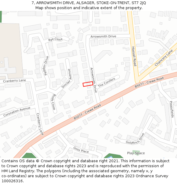 7, ARROWSMITH DRIVE, ALSAGER, STOKE-ON-TRENT, ST7 2JQ: Location map and indicative extent of plot