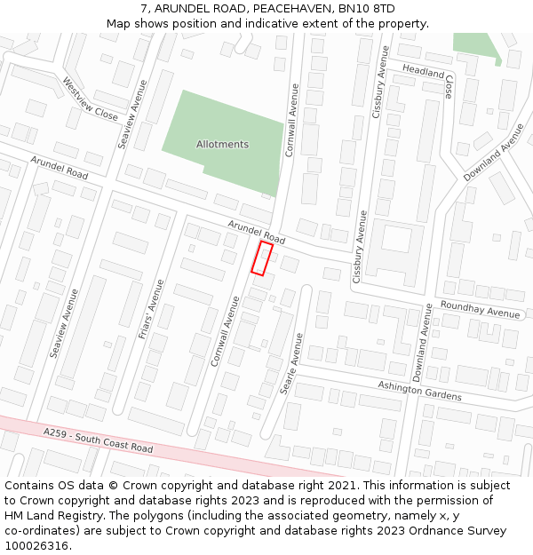 7, ARUNDEL ROAD, PEACEHAVEN, BN10 8TD: Location map and indicative extent of plot