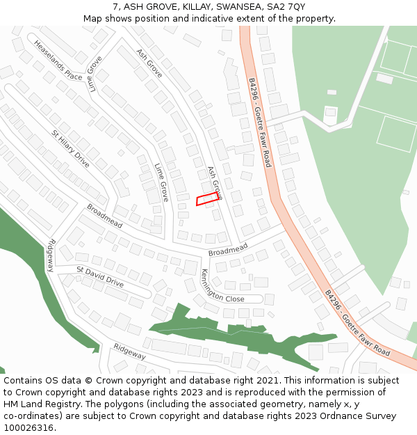 7, ASH GROVE, KILLAY, SWANSEA, SA2 7QY: Location map and indicative extent of plot