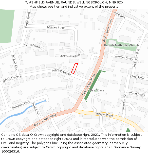 7, ASHFIELD AVENUE, RAUNDS, WELLINGBOROUGH, NN9 6DX: Location map and indicative extent of plot