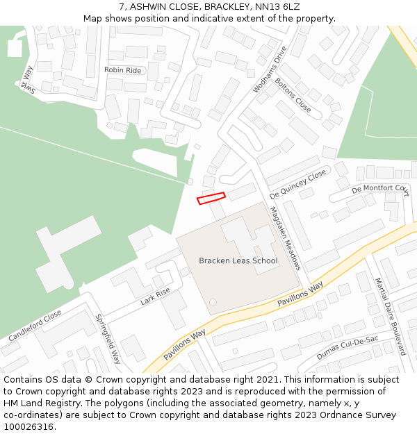 7, ASHWIN CLOSE, BRACKLEY, NN13 6LZ: Location map and indicative extent of plot