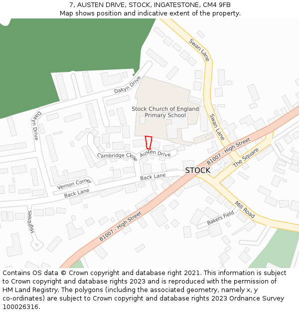 7, AUSTEN DRIVE, STOCK, INGATESTONE, CM4 9FB: Location map and indicative extent of plot