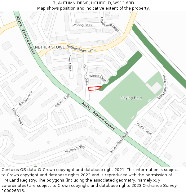 7, AUTUMN DRIVE, LICHFIELD, WS13 6BB: Location map and indicative extent of plot