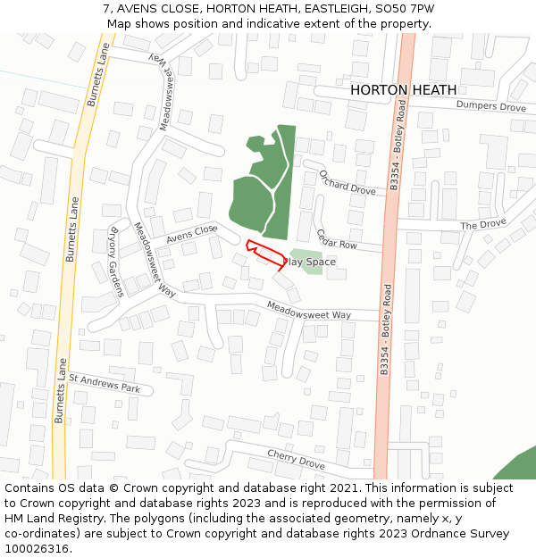 7, AVENS CLOSE, HORTON HEATH, EASTLEIGH, SO50 7PW: Location map and indicative extent of plot