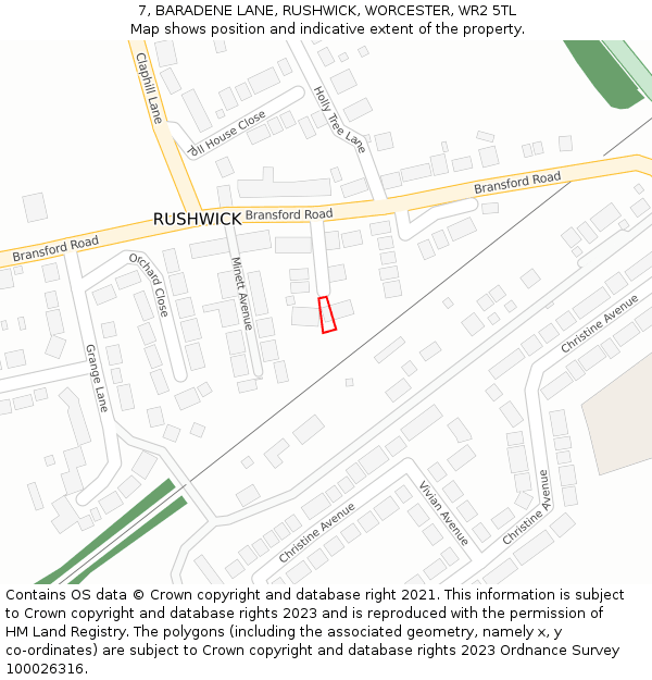 7, BARADENE LANE, RUSHWICK, WORCESTER, WR2 5TL: Location map and indicative extent of plot