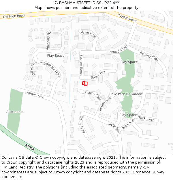 7, BASHAM STREET, DISS, IP22 4YY: Location map and indicative extent of plot