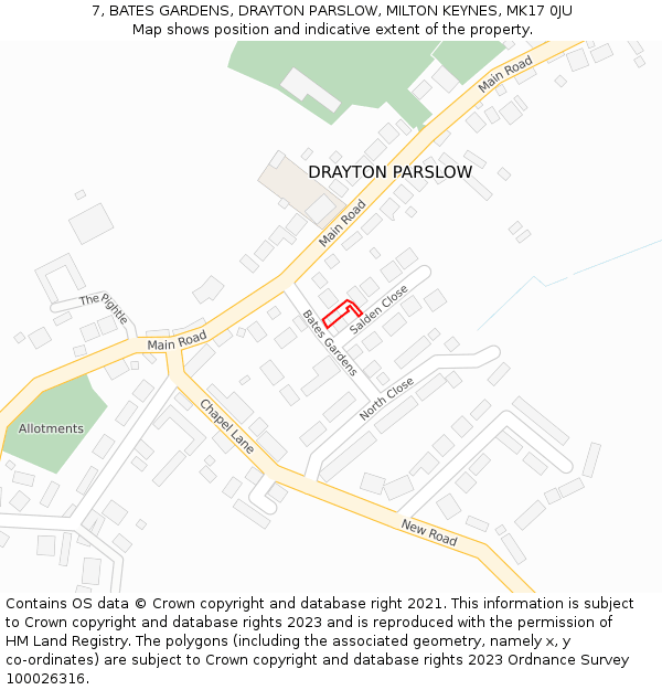 7, BATES GARDENS, DRAYTON PARSLOW, MILTON KEYNES, MK17 0JU: Location map and indicative extent of plot